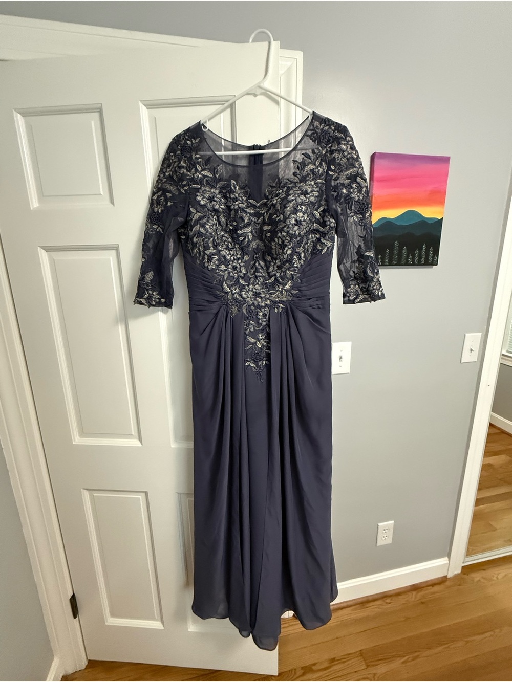Elegant Navy Evening Dress with Embroidered Bodice